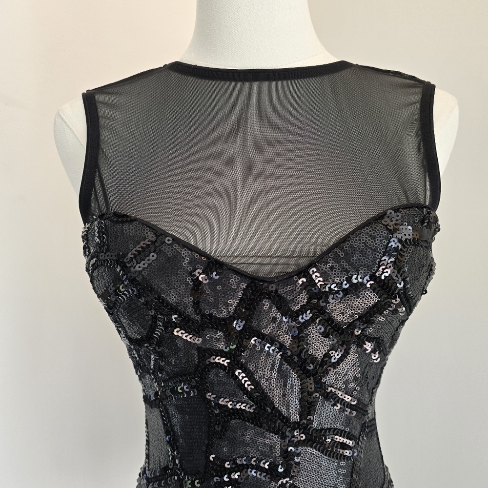NWT Dress the Population Black Sequin Bodycon Mini Dress Mesh Neckline V Back XS - Picture 2 of 14